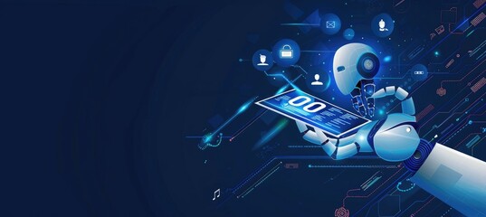 digital marketing banner There is a logo of an AI robot hand holding a digital tablet. Blue background with icons representing information.
