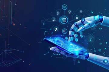 digital marketing banner There is a logo of an AI robot hand holding a digital tablet. Blue background with icons representing information.