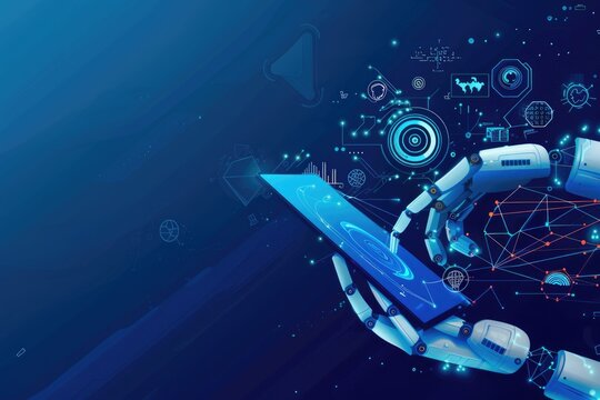 digital marketing banner There is a logo of an AI robot hand holding a digital tablet. Blue background with icons representing information.