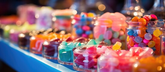 A row of jars filled with colorful candies on a table, creating a fun and playful display that adds a pop of magenta to the rooms decor