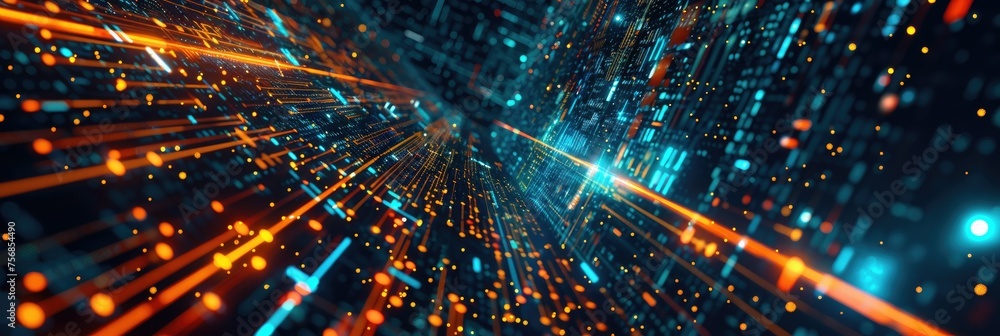 Poster abstract concept of data travel in digital space - high-speed appearance of digital data streaming t