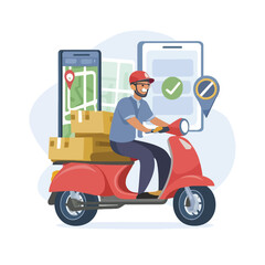 2d vector illustration A courier wearing a shirt is delivering a package mobile with location gps
