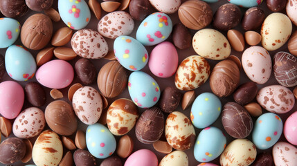 Vibrant Easter chocolate eggs spread out on a neutral background, embodying festive joy and the sweetness of springtime