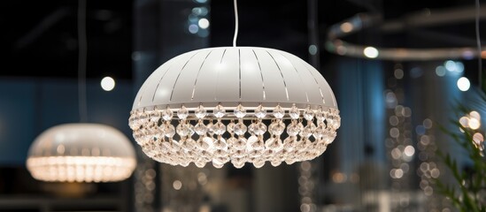 A white pendant light with crystals hanging from the ceiling in a dark room, creating a stunning contrast. The metal and glass design adds a touch of elegance to the space