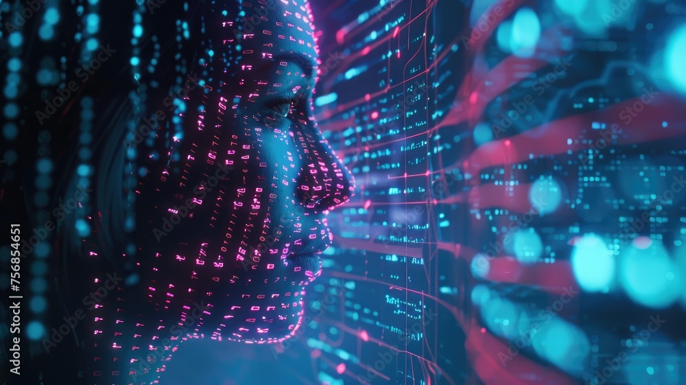 Poster digital face profile with blue data streams - futuristic digital representation of a human profile w