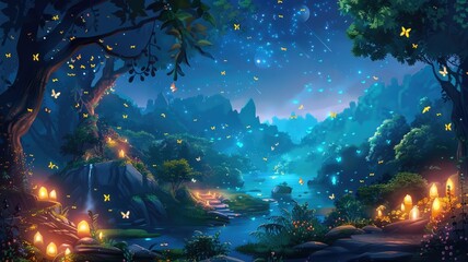 Fototapeta na wymiar Enchanted forest night digital painting - A magical digital painting of an enchanted forest at night with twinkling stars and soft glows