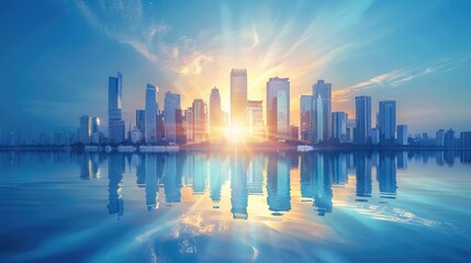 Fototapeta na wymiar Picture of modern skyscrapers of a smart city, futuristic financial district with buildings and reflections , blue color background for corporate and business template with warm sun rays of light