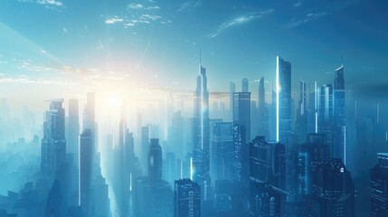 Picture of modern skyscrapers of a smart city, futuristic financial district with buildings and reflections , blue color background for corporate and business template with warm sun rays of light - obrazy, fototapety, plakaty