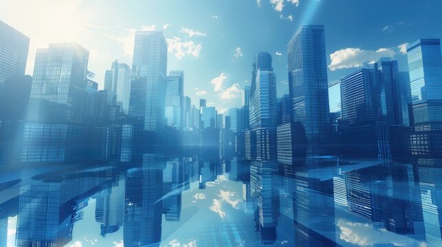 Picture of modern skyscrapers of a smart city, futuristic financial district with buildings and reflections , blue color background for corporate and business template with warm sun rays of light