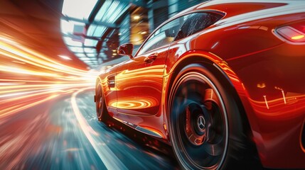 Fototapeta premium sport car overtaking, utilizing rear curtain sync for dynamic motion effect, editorial photography