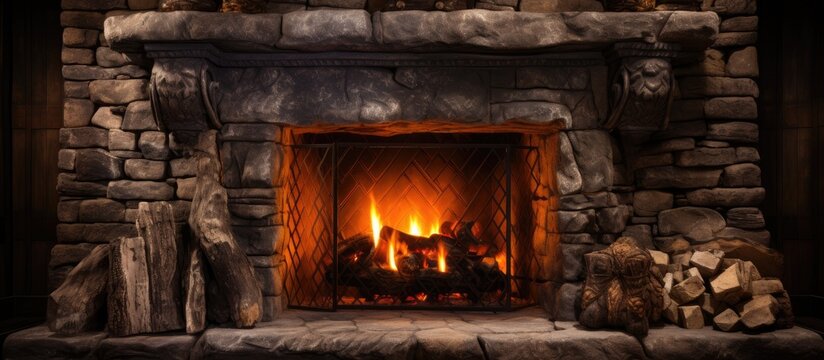 Stone fireplace with flames
