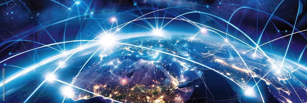 Poster world connectivity with global network lines - a dynamic image displaying the concept of global conn