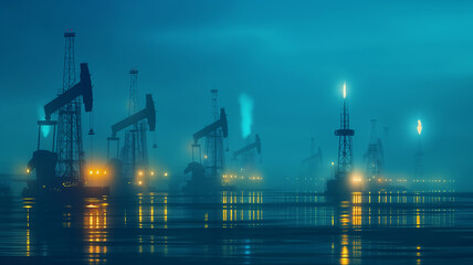 Fototapeta premium Oil and gas production field, fuil oil, liquit gas etc energy station silhouettes at sunset