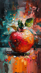 This image showcases a red apple with a dynamic backdrop, full of motion and life, painted expressively