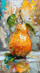 A stunning abstract representation of a pear, with vivid colors and dynamic brushstrokes, evoking a sense of freshness