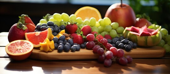 A wooden cutting board displaying a variety of natural foods including fruits and berries such as grapes, a seedless fruit known for its superfood properties