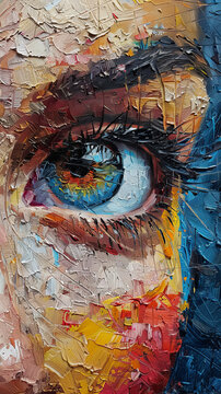 A compelling close-up of a human eye, rich in texture and color, rendered in oil paint for a dramatic effect