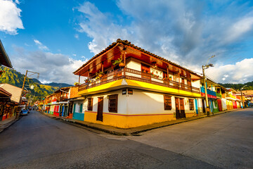 Colorful streets at sunset in the Jardin town in Antioquia, Colombia