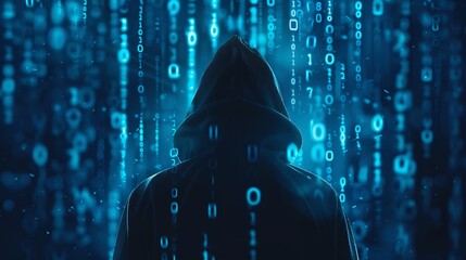A digital icon of a hacker wearing a hoodie with binary code in the background displayed on a computer screen symbolizing cybersecurity threats