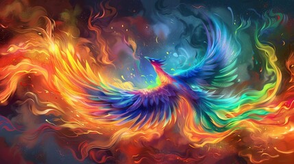 A rainbow phoenix soaring majestically from flames reborn in vibrant colors against a dark hellish backdrop