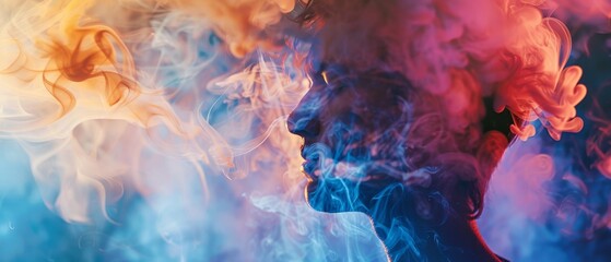 Abstract image of man and smoke evoking introspection for a mindfulness meditation app background - obrazy, fototapety, plakaty