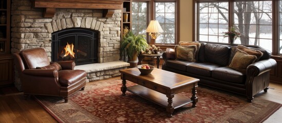 Elegant living room featuring a stone fireplace, leather sofas, cherry hardwood, and a quality rug.