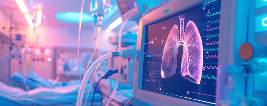 An artificial lung oxygenator machine supporting a patient illustrated in an ICU setting enhancing oxygen levels