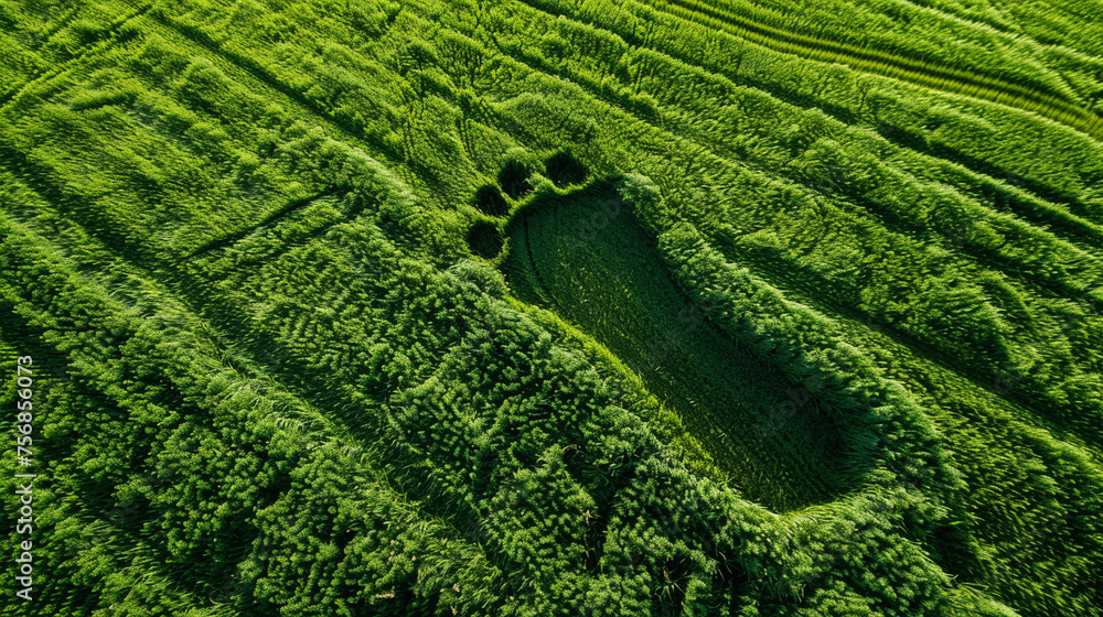 Wall mural lush green wheat fields with big footprint view from above.