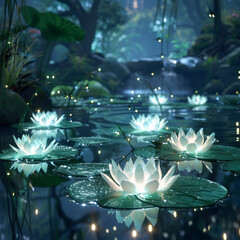A serene pond illuminated by floating holographic lotuses.