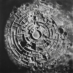 Aerial view of a complex labyrinth on the lunar plain.