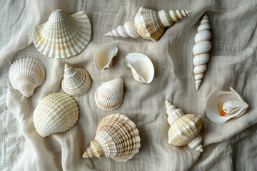An artistic still life of shells arranged on a canvas of rough natural linen.