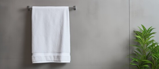 A white rectangle towel hangs on a metal fixture in the bathroom next to a plant. The towel rack is made of wood, and a glass window lets in natural light