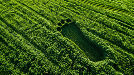 Lush green wheat fields with big footprint view from above. - obrazy, fototapety, plakaty
