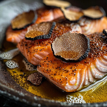 Close-up of truffle slices over seared salmon.
