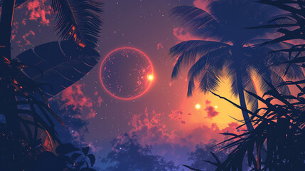 Silhouetted jungle leaves against a backdrop of glowing planets - obrazy, fototapety, plakaty