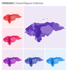 Honduras map collection. Country shape with colored regions. Deep Purple, Red, Pink, Purple, Indigo, Blue color palettes. Border of Honduras with provinces for your infographic. Vector illustration.