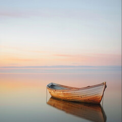 Simple wooden boat moored on a tranquil coast at sunset - obrazy, fototapety, plakaty