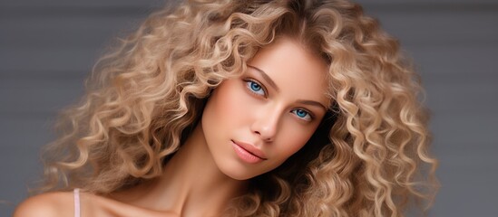 Fototapeta premium A woman with long, curly blonde hair and striking eyelashes gazes directly at the camera, showcasing her defined jawline and captivating blue eyes
