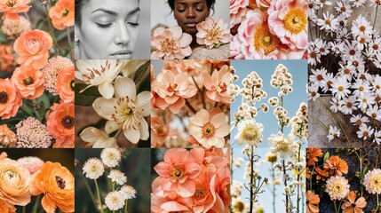 Faces and flowers, beauty mood board montage, various flower types and blossoms, female beauty, feminine glamour 