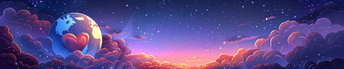 Naklejka premium Planet Earth with heart on purple cloudy sunset sky. Healthy happy planet. World health day, Earth day, Earth hour. Green planet, ecology concept. Cute cartoon style
