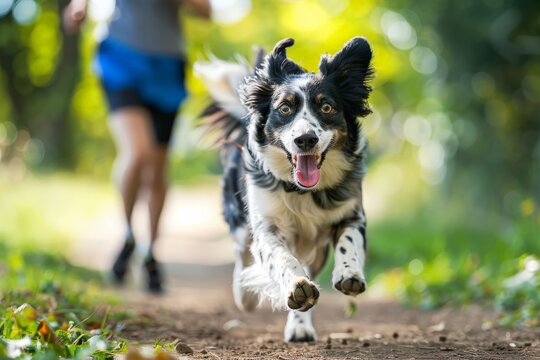 Happy dog running exercise together with his owner in summer, summer activity