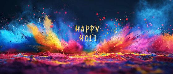 An image filled with a spectrum of colors and 'Happy Holi' expressing the vibrancy and energy of the festival - obrazy, fototapety, plakaty
