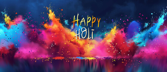 The image evokes the warmth of the Holi festival with a fiery color palette and celebratory greetings
