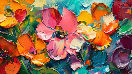 This image features a colorful, textured abstract painting of flowers with bold brush strokes and vivid hues