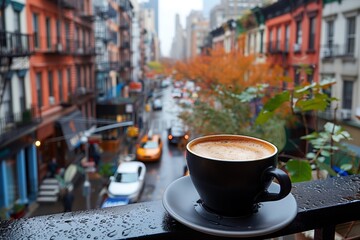 Coffee Cup Overlooking Rainy New York Street. Steaming coffee cup sits on a balcony railing, overlooking a rainy New York street bustling with taxis.