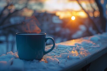 Steaming Coffee Mug on Snowy Winter Morning. Blue mug filled with hot coffee sits on a snowy surface, with a serene winter sunrise in the background.