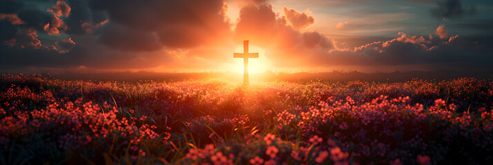 Christian Religious Easter Background God Raised,
Cross at sunset in a field christian worship concept
