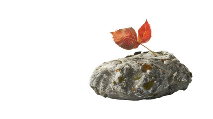 A single red autumn leaf resting on a weathered rock, the image isolated on a white background, evokes a sense of change and transition