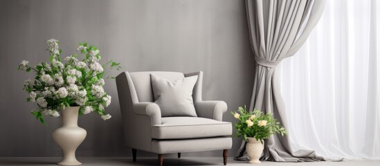 A living room in a greythemed house with a rectangle table, chair, vase of flowers, and curtains. Interior design includes cozy furniture and a touch of nature