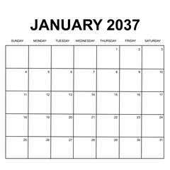 january 2037. monthly calendar design. week starts on sunday. printable, simple, and clean vector design isolated on white background.
